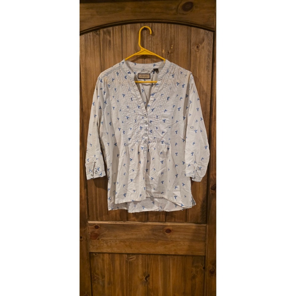 Legacy Falls Pullover Tunic Top Womens‎ Large White Blue Birds Cotton V-Neck